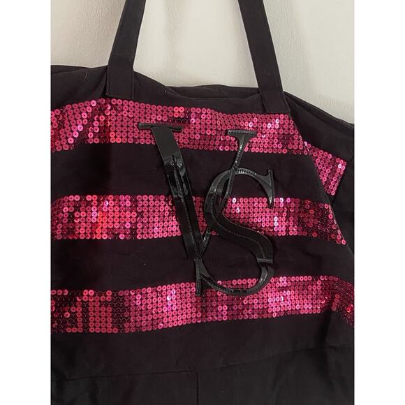 Victoria's Secret VS Logo Black Pink Sequined Weekender Tote Bag Duffle Large - Picture 2 of 6